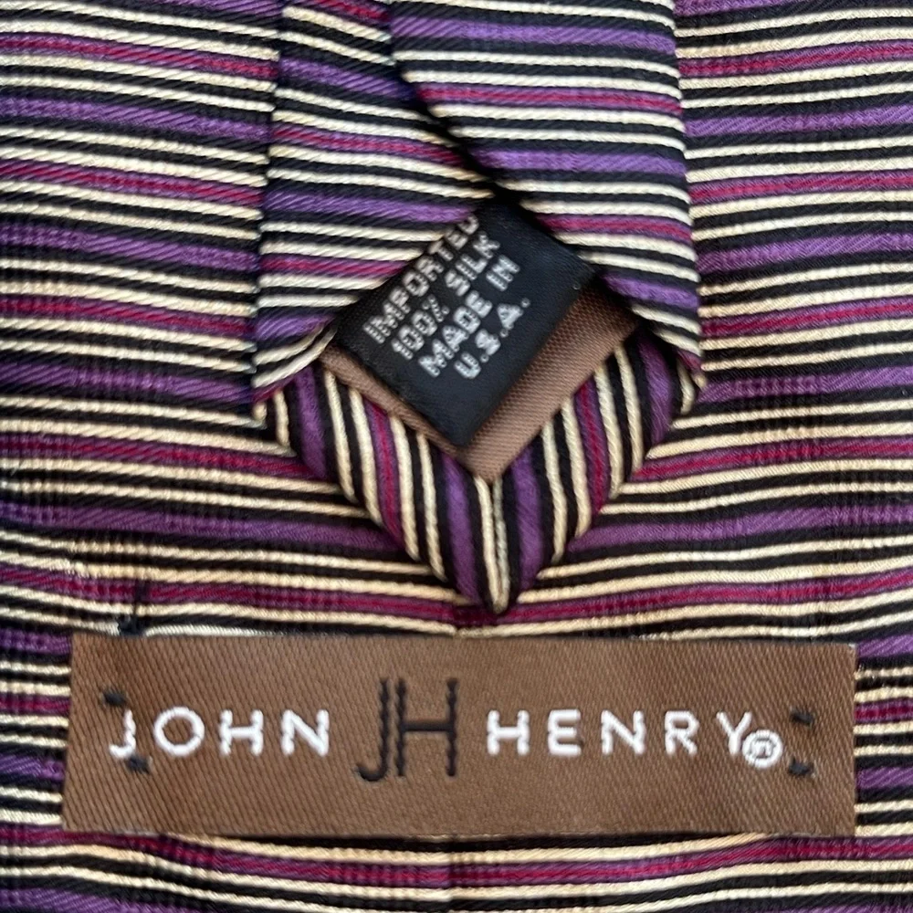 💜🩷JOHN HENRY Striped Black, Purple, Pink and Tan Men’s Tie. Pure Silk.